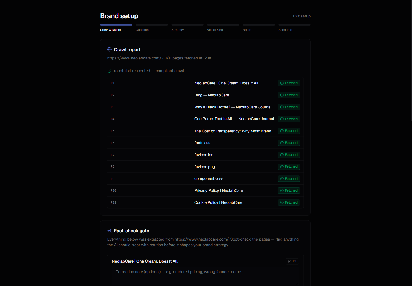 Crawl report listing the brand's own URLs and their status