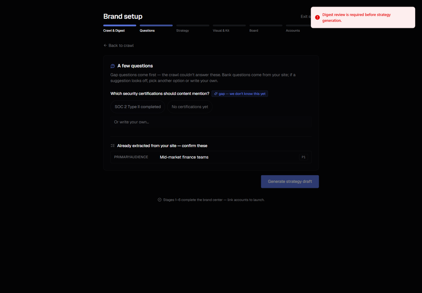 Questionnaire step with answers extracted from the brand's own site