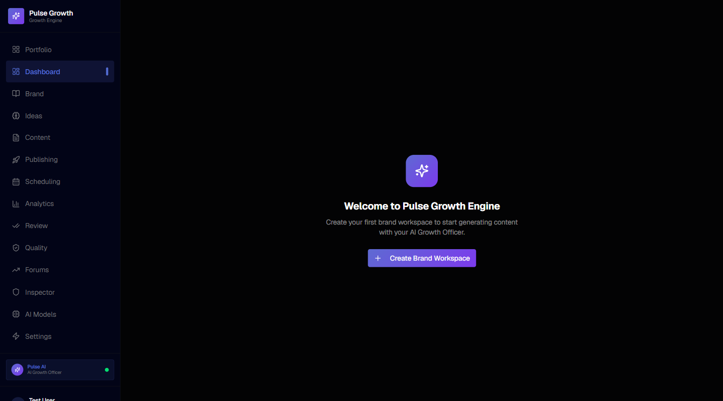 Pulse Growth Engine first-run screen: the Pulse Growth logo, a welcome heading and the create-workspace action, with the app navigation alongside